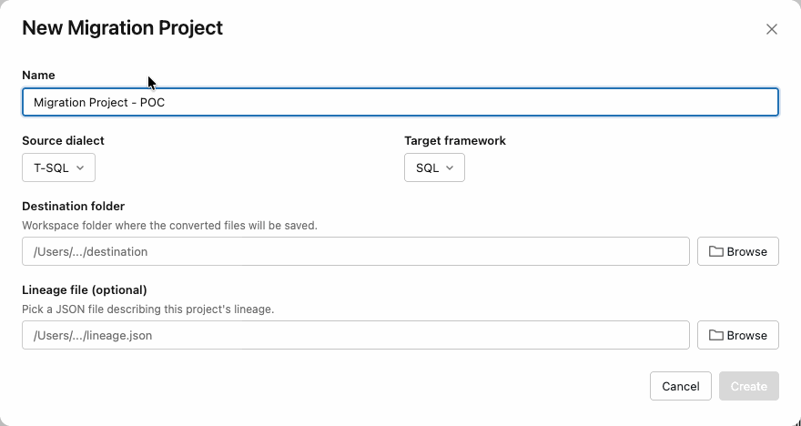 The New Migration Project dialog: name, source dialect T-SQL, target framework SQL, destination folder and an optional lineage file (screenshot from the Databricks announcement blog)