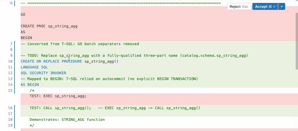 The side-by-side diff in the SQL editor: the T-SQL stored procedure (red) and the converted Databricks SQL procedure (green), with Accept and Reject (screenshot from the Databricks announcement blog)