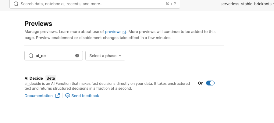 The Previews page with AI Decide (Beta) switched on