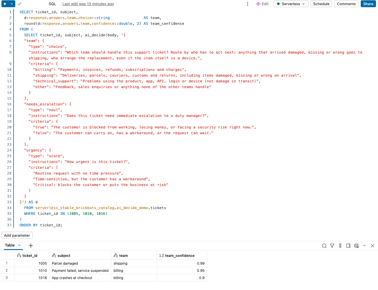 After refining the instructions, ticket 1005 goes to shipping with 0.99 confidence