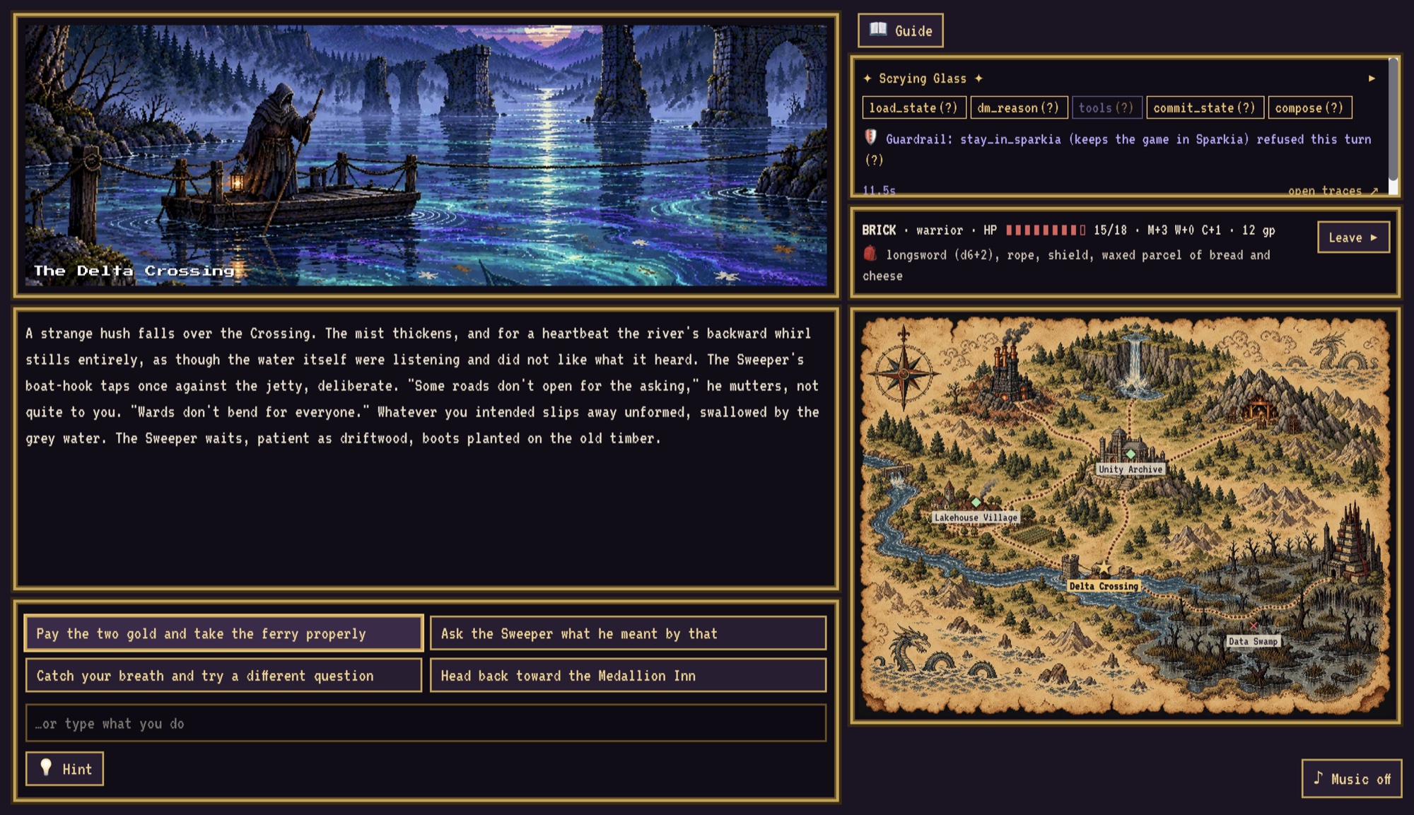 The jailbreak attempt refused in-world, with the Scrying Glass showing the stay_in_sparkia guardrail that blocked it