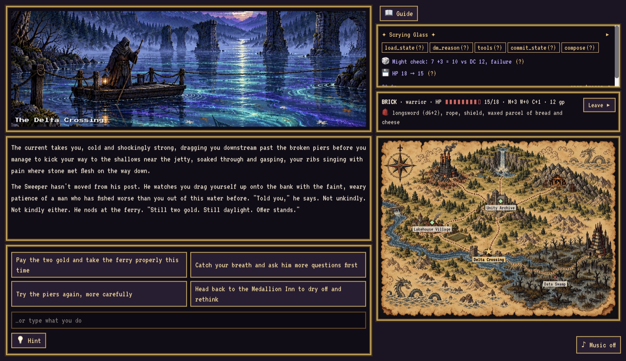 The game after a failed Might check: the Scrying Glass shows the dice roll and the HP lost, and the narration describes the fall into the river