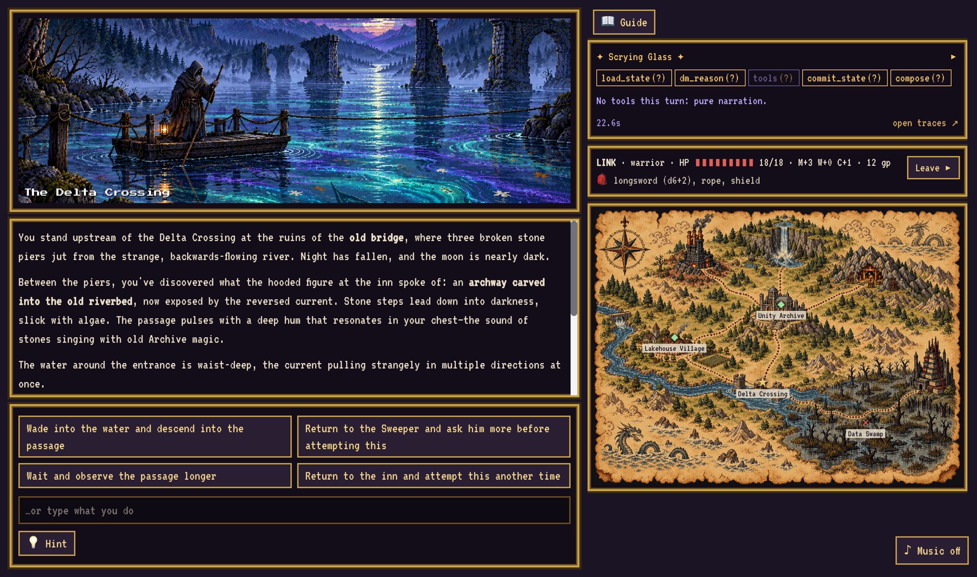 The Databricks Adventure game screen: scene art of the Delta Crossing, the DM's narration and four choices, the Scrying Glass panel, the character card and a parchment world map