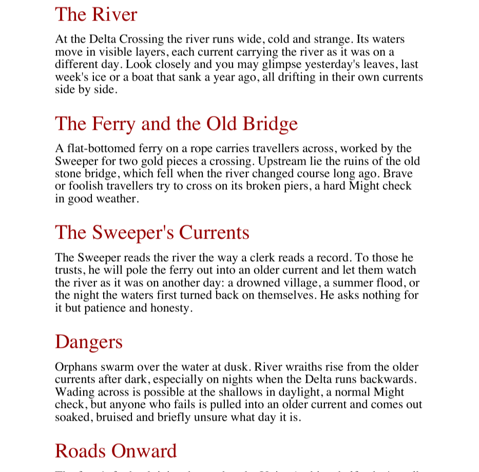 The first page of the Delta Crossing lorebook, rendered as a PDF campaign book