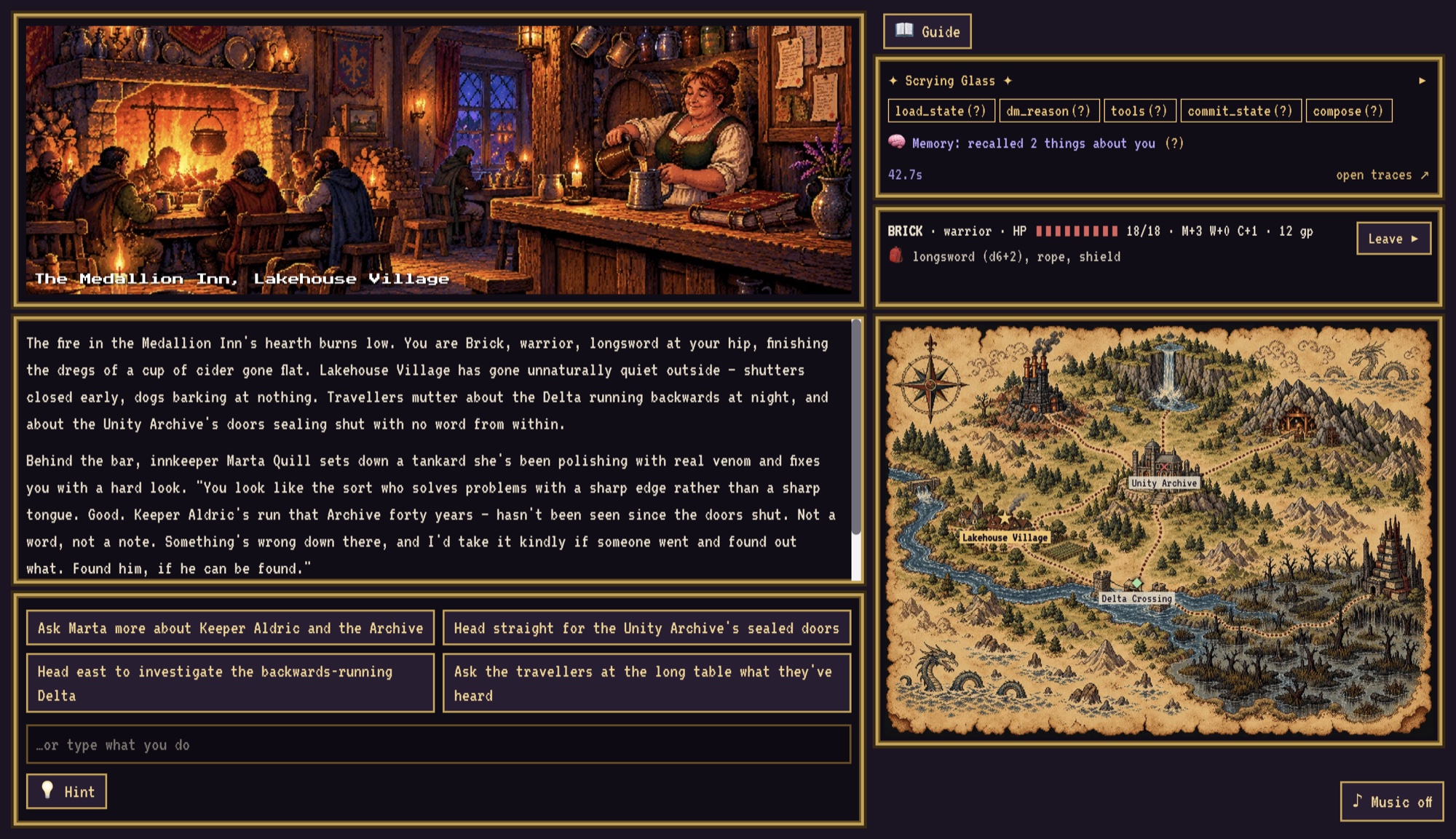 The first turn of a new adventure at the Medallion Inn, with the Scrying Glass showing Memory: recalled 2 things about you