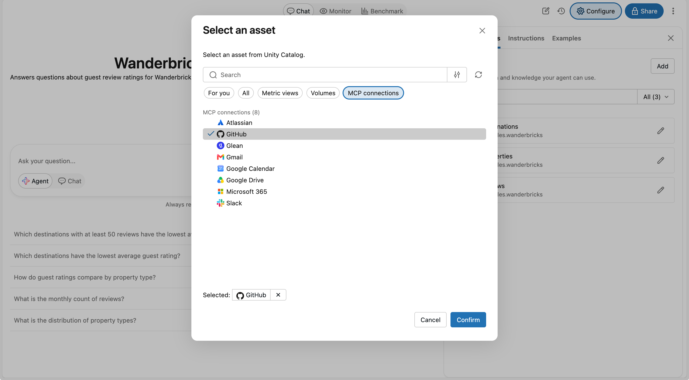 the Select an asset dialog listing the MCP connections: Atlassian, GitHub, Glean, Gmail, Google Calendar, Google Drive, Microsoft 365, Slack