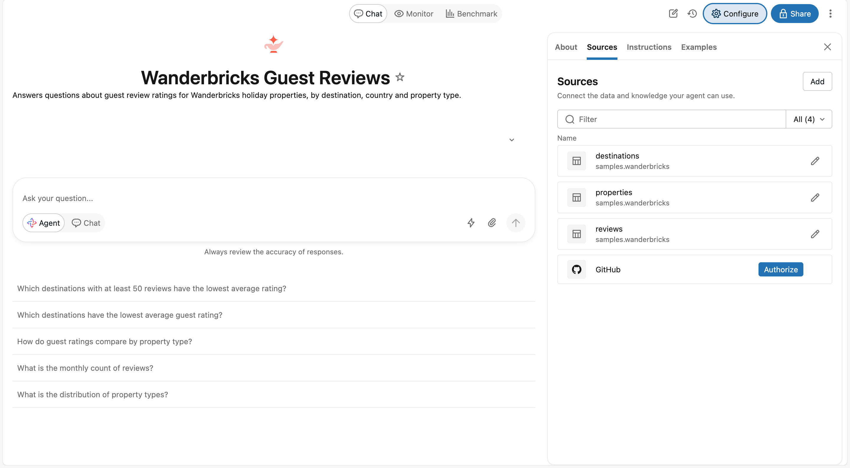 the Sources list: three wanderbricks tables plus GitHub