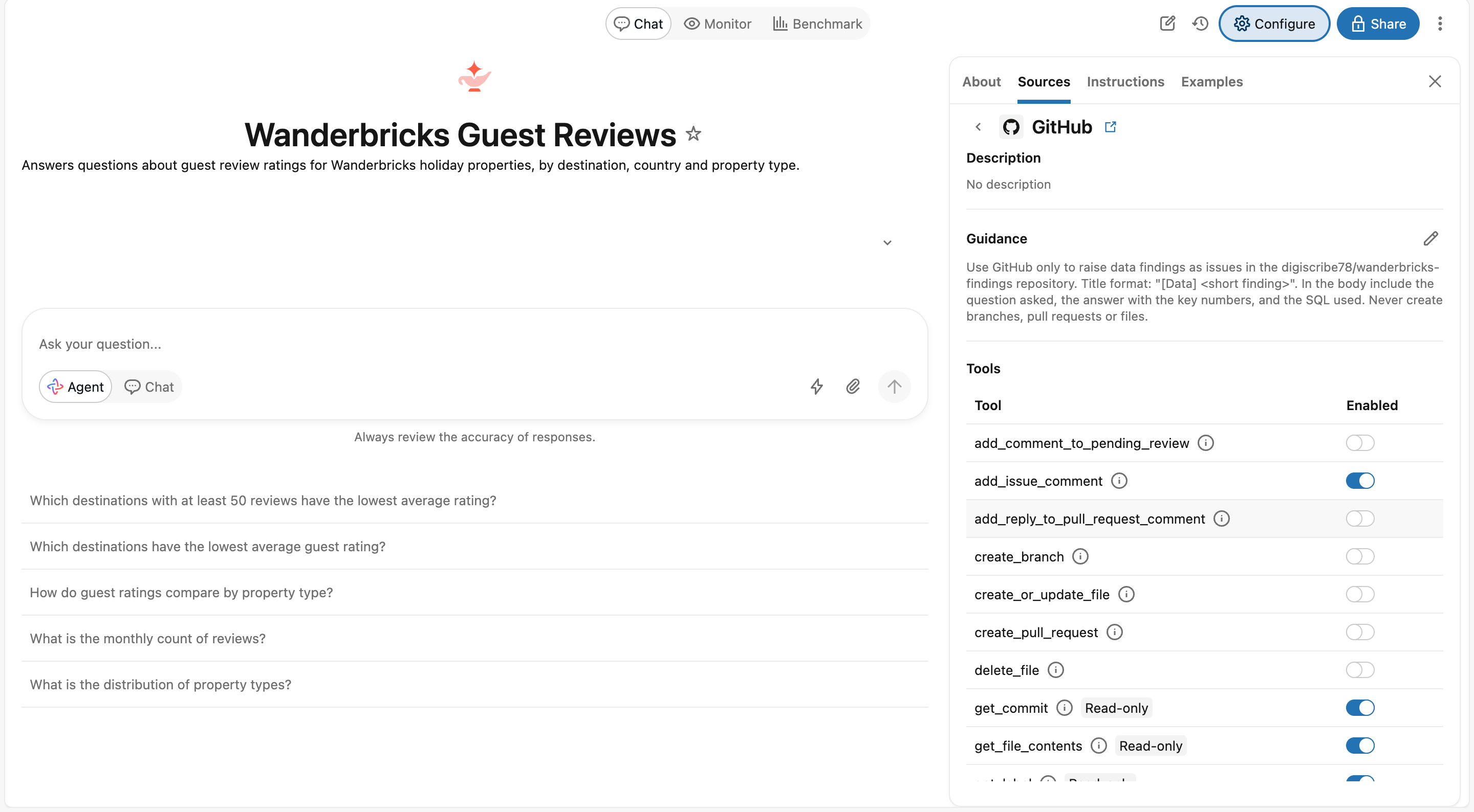 the GitHub connector panel: Guidance set, write tools like create_branch and delete_file switched off, read-only tools on