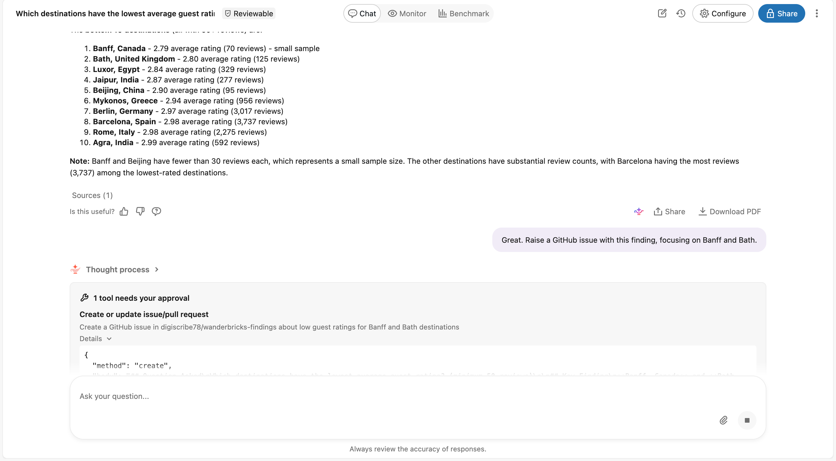 the approval card: "1 tool needs your approval — Create or update issue/pull request" with the Details JSON