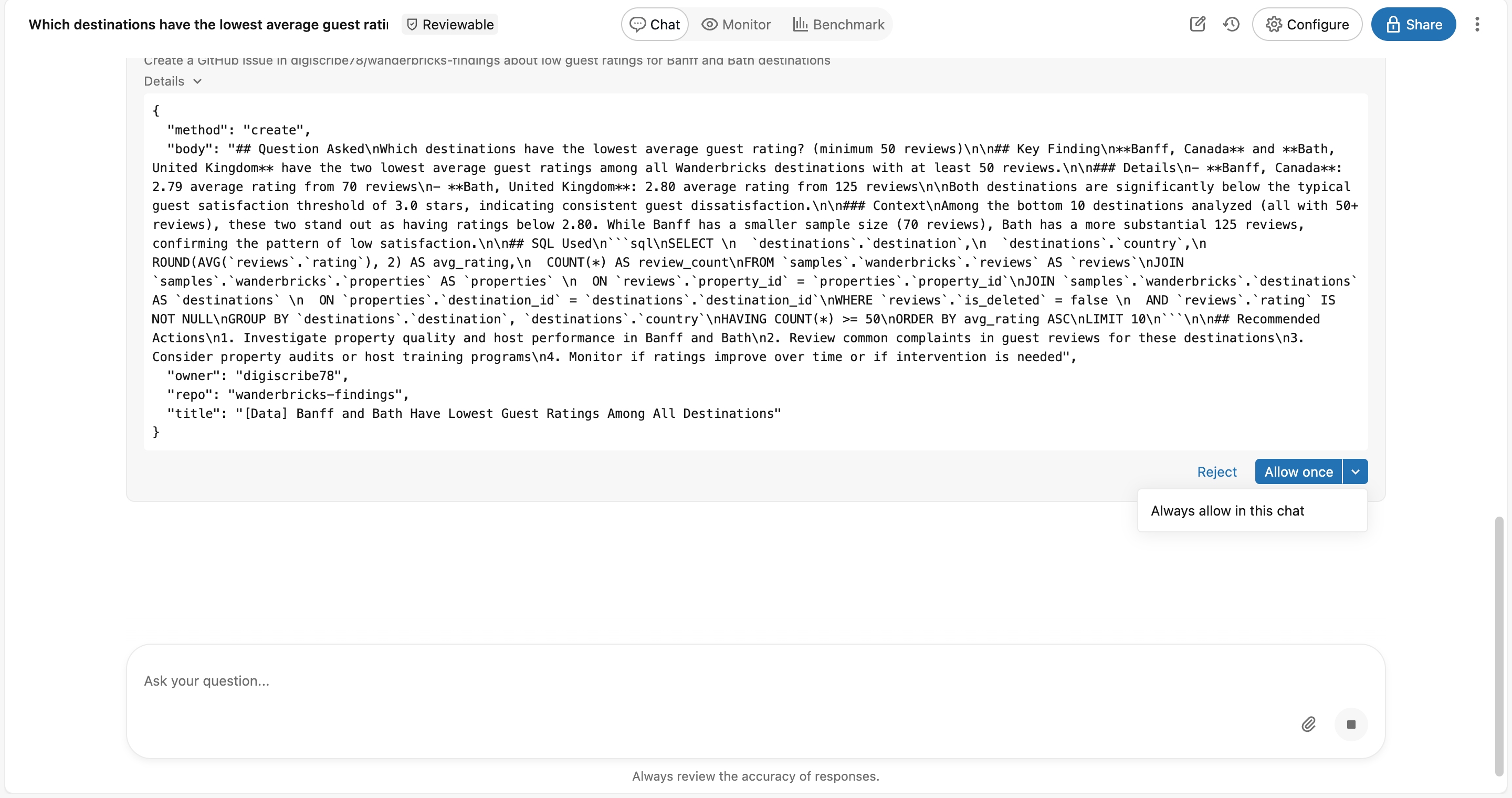 the full Details payload with Reject, Allow once and the Always allow in this chat option