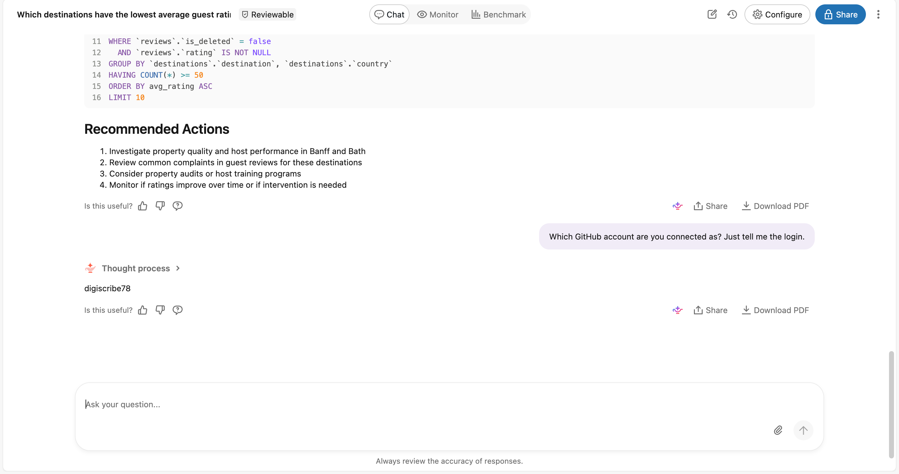 asking "Which GitHub account are you connected as?": the Get my user profile tool runs without approval and returns digiscribe78