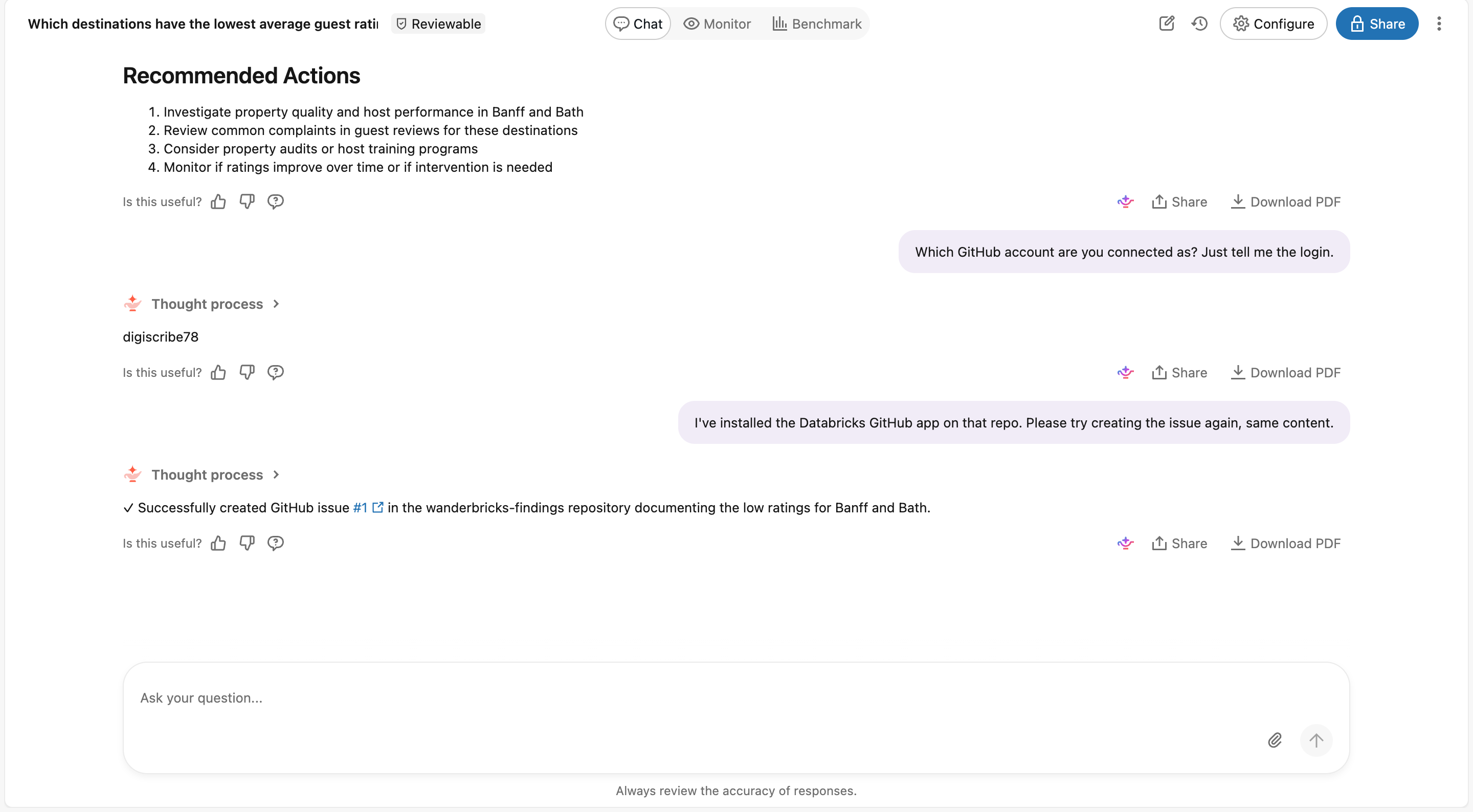 the agent confirming "Successfully created GitHub issue #1 in the wanderbricks-findings repository"