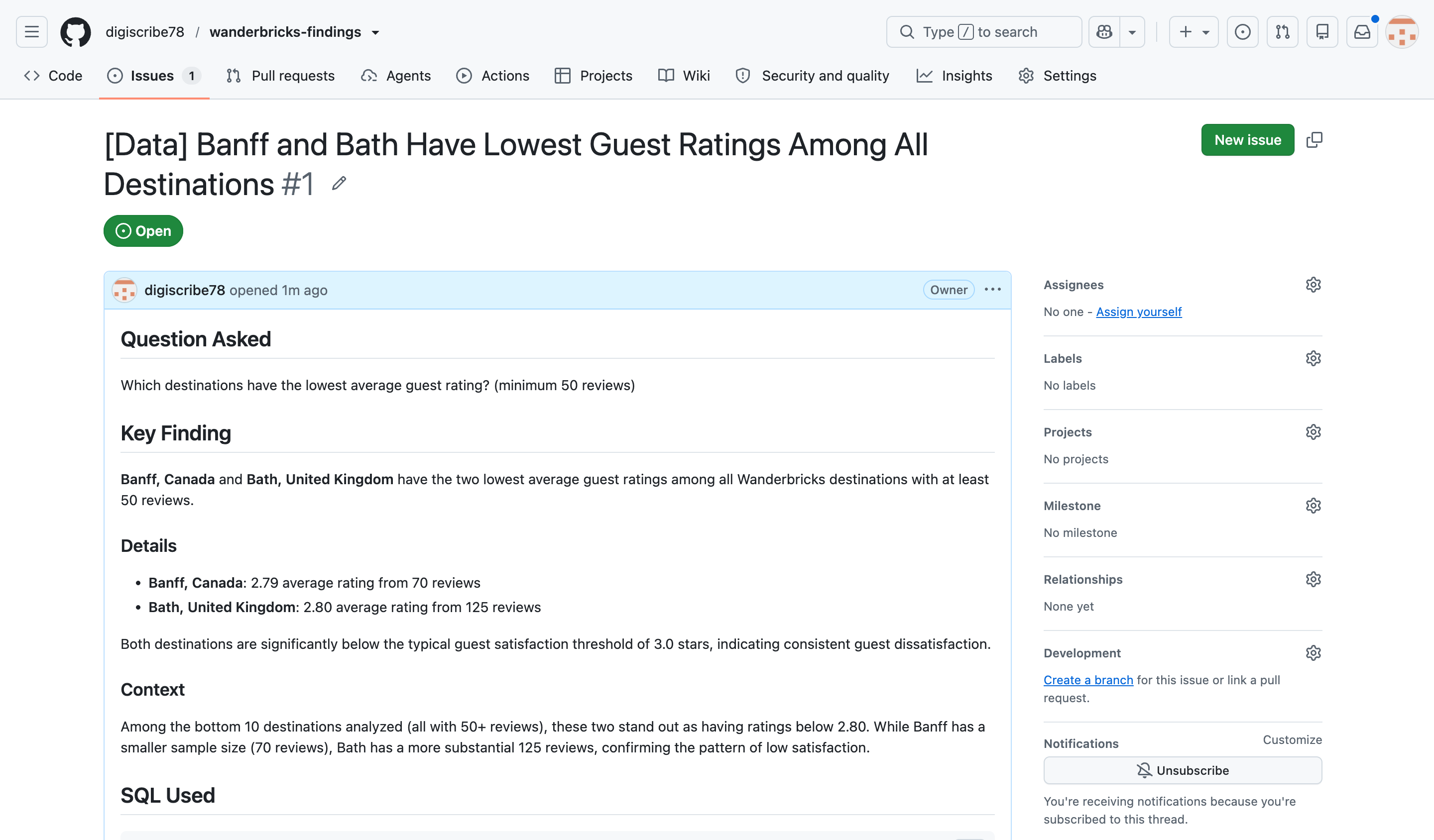 GitHub issue #1, "[Data] Banff and Bath Have Lowest Guest Ratings Among All Destinations", opened by digiscribe78