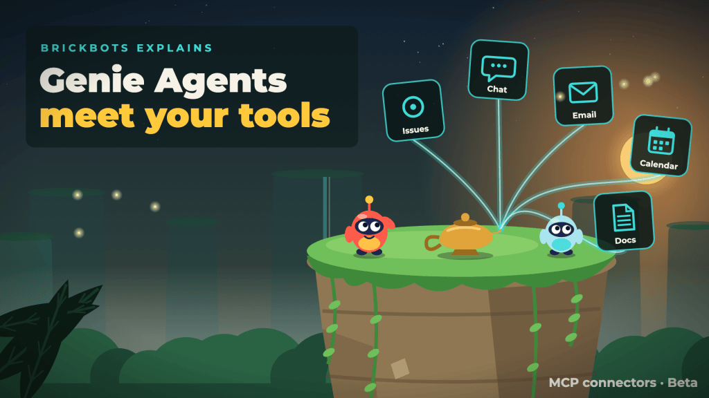BrickBots illustration: BRICK and BYTE on a mesa at dusk while a genie lamp sends teal smoke to floating tool cards for issues, chat, email, calendar and docs