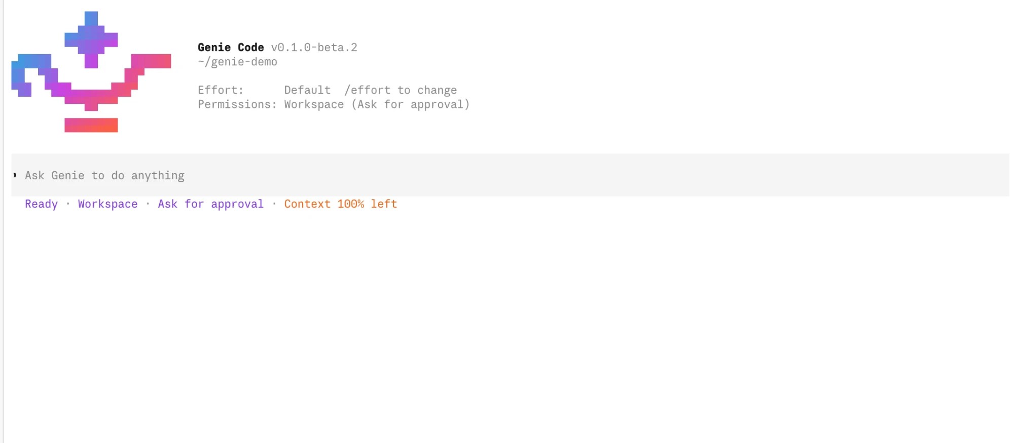 the Genie Code start screen: version, folder, Effort, Permissions "Workspace (Ask for approval)"