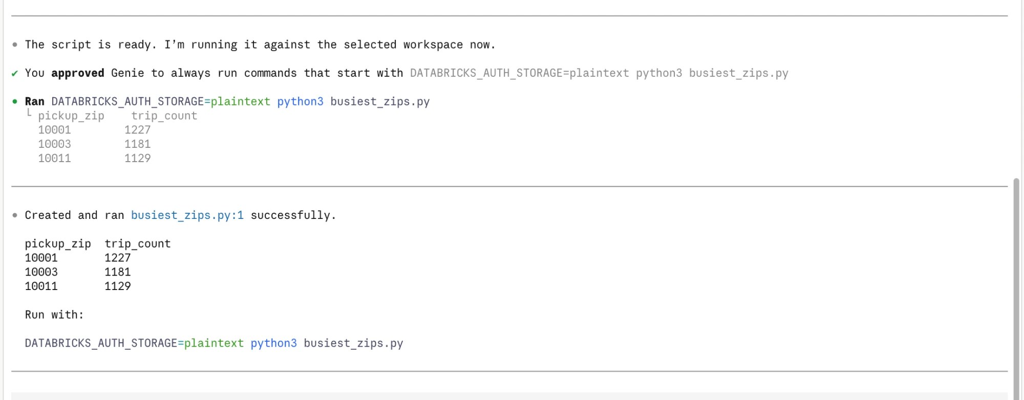 busiest_zips.py run: 10001 1227, 10003 1181, 10011 1129