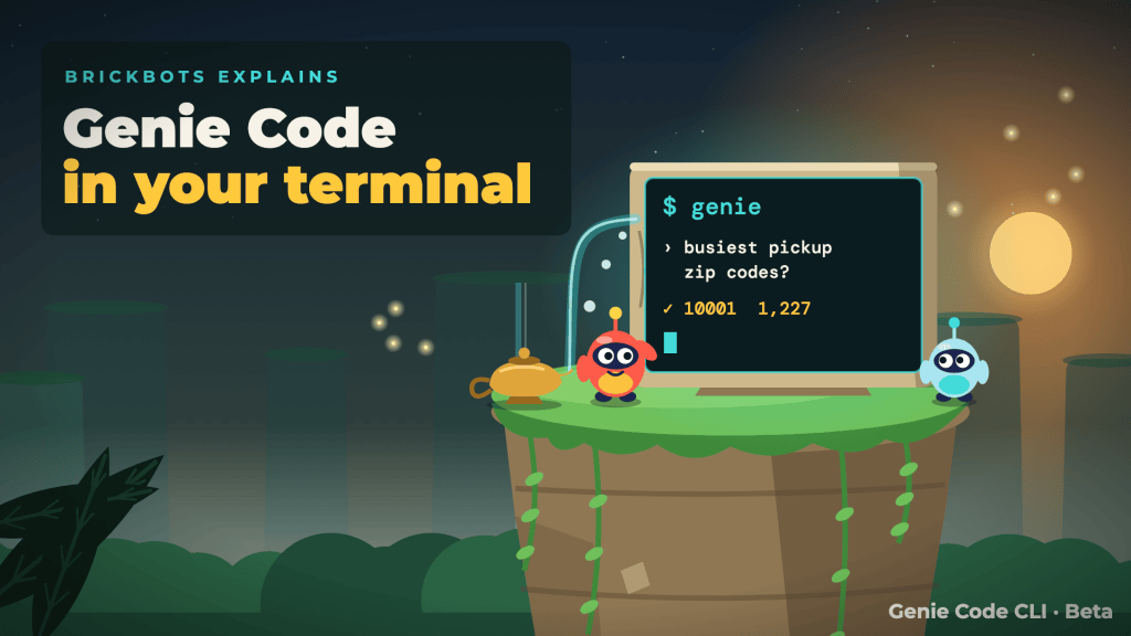 BrickBots illustration: two bots on a mossy mesa at dusk beside a stone terminal showing '$ genie', with a brass lamp whose teal smoke curls into the screen. Text: BrickBots explains – Genie Code in your terminal.
